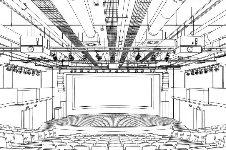 Al-generated concept sketch of a theatre with its technical system fully visible on the roof