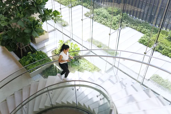 A person climbing the stairs of a large office building