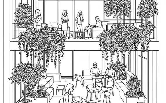 Luminous, biophilic office spaces to inspire creativity and support collaborative work - Al-generated sketch 